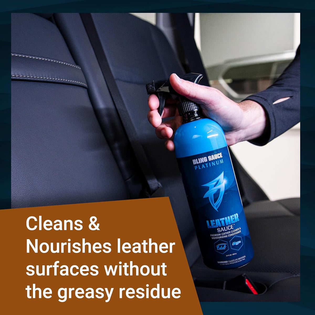 Bling Sauce Platinum: Leather Sauce, 2 in 1 Cleaner and Conditioner for Interior Leather Surfaces, Cars, Trucks, Motorcycles. Nourish Your Leather without the Greasy Look/Feel, Spray On-Wipe Off. 24oz