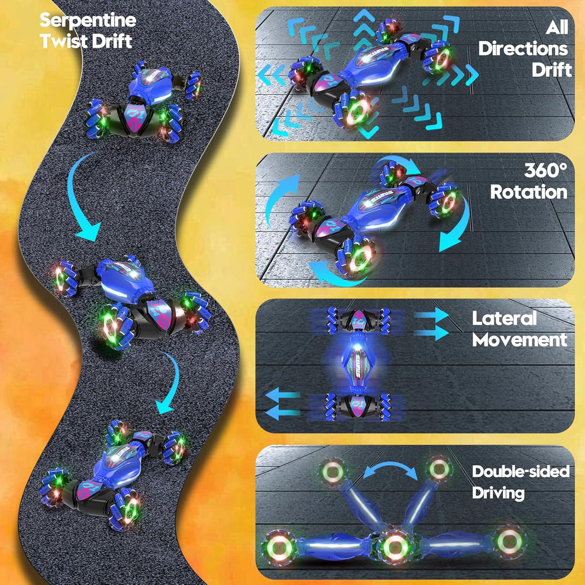 Gesture RC Car - Gesture Sensing RC Stunt Car Toys for Boys Girls Aged 6-12, 2.4GHz 4WD Hand-Controlled Remote Control Twist Car with Lights Music - Best Birthday Gifts for Kids