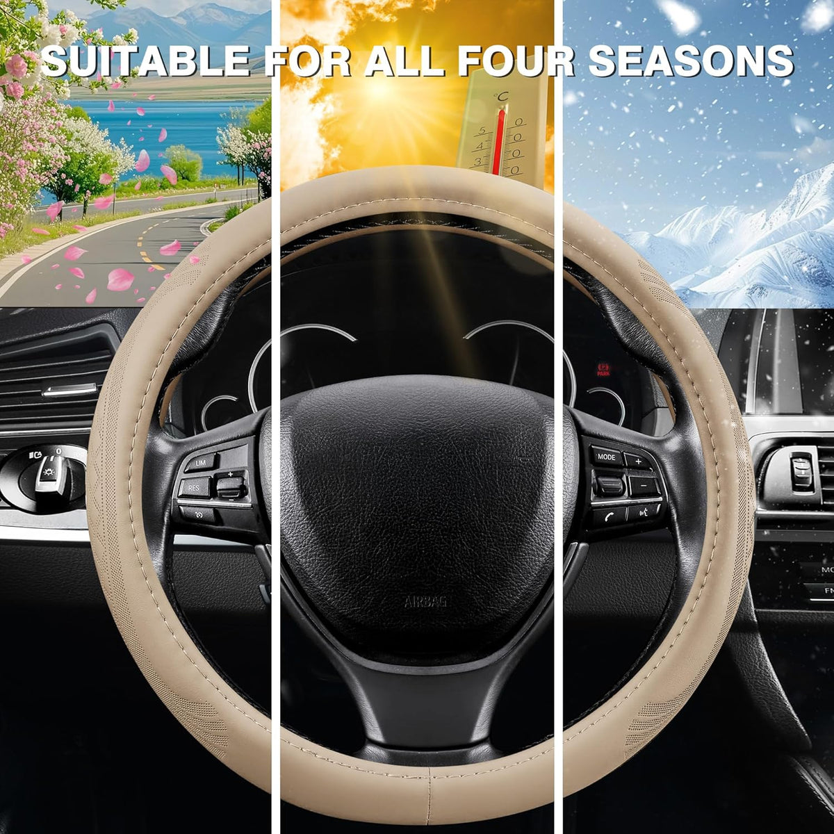 【2025 Model】 Breathable Soft Leather Car Steering Wheel Cover for Men Women, Non-Slip, Comfortable,Universal 15 inches Steering Wheels, Beige