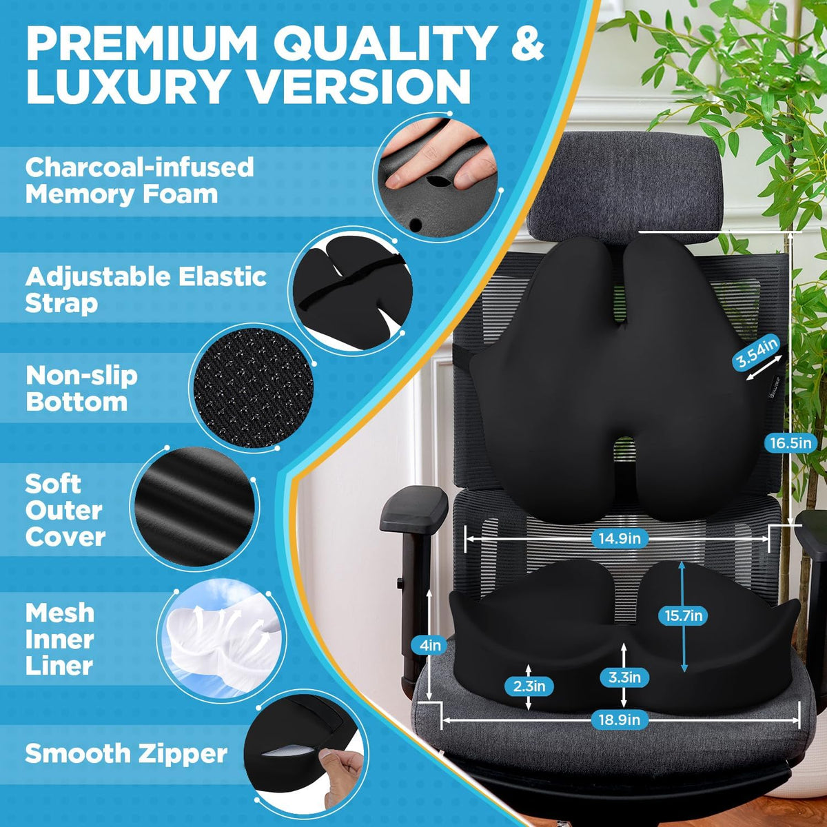 BEAUTRIP Seat Cushion & Lumbar Support Pillow for Office Chair, Car & Wheelchair - Ergonomic Coccyx Cushion for Tailbone, Sciatica & Back Pain Relief - Extra-Dense Charcoal Memory Foam Chair Cushions
