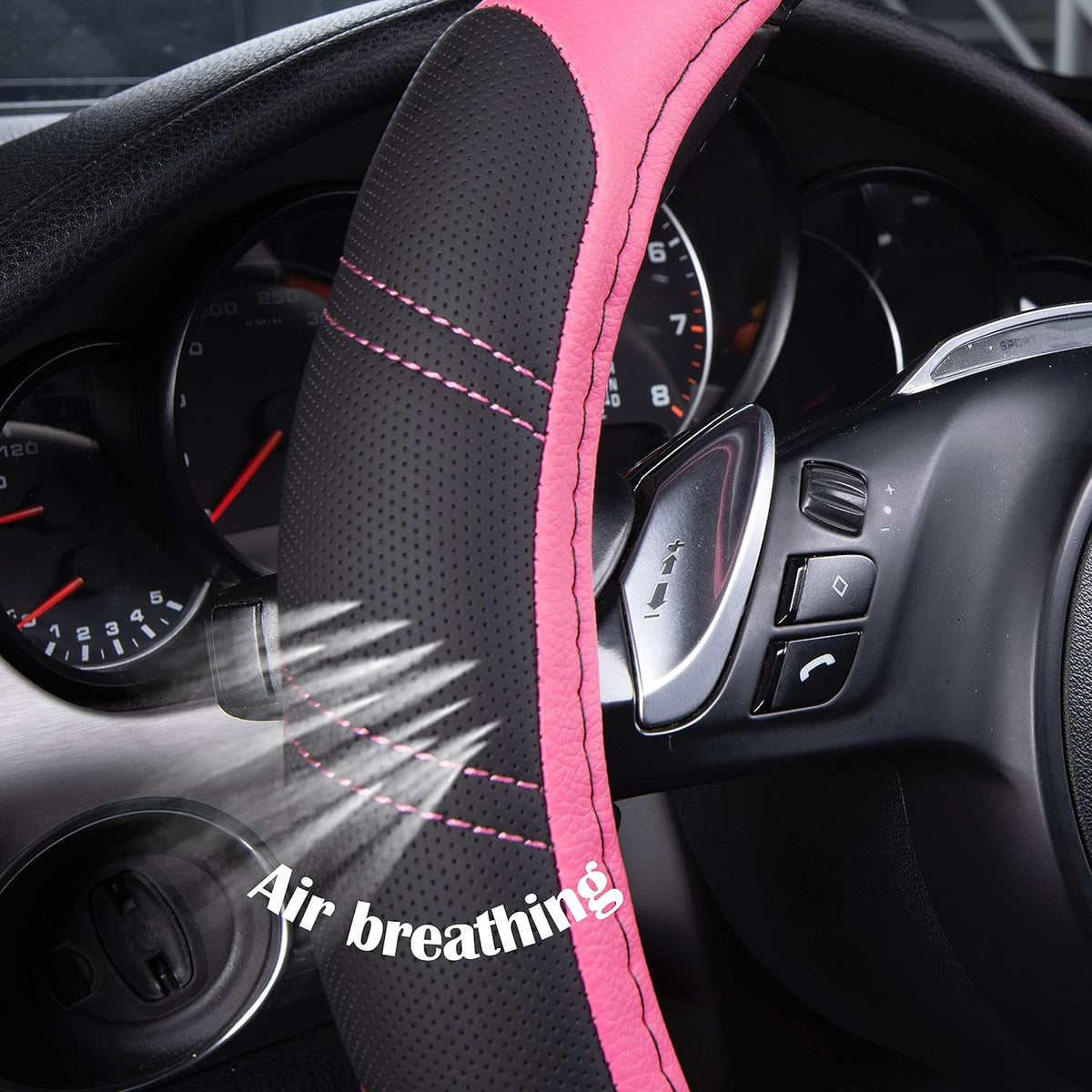 CAR PASS Line Rider Microfiber 14 Inch Leather Sporty Steering Wheel Cover Universal Fits for 95% Truck,SUV,Cars, Anti-Slip Safety Comfortable Desgin (Black Pink)