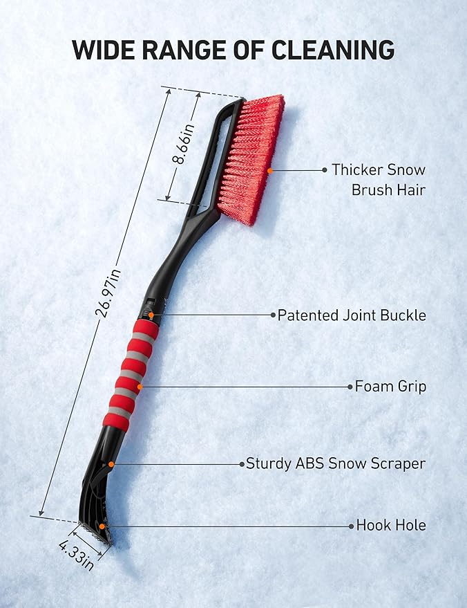 AstroAI 27" Snow Brush and Ice Scrapers for Car Windshield, Detachable Snow Scrapers with Ergonomic Foam Grip for Cars, Trucks, SUVs (Heavy Duty ABS, PVC Brush, Red)