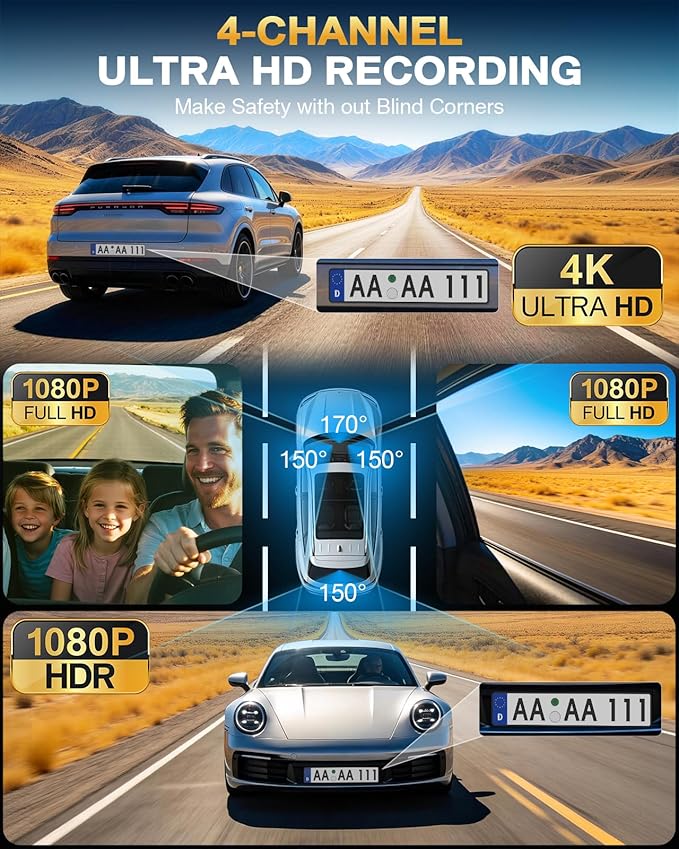 4 Channel 360° Dash Cam Front Rear and Left Right Inside, 4K+1080P*3 Dash Camera for Cars with Free 128GB SD Card, 5.8GHz WiFi-30MB/s, 24H Parking Mode, G-Sensor, GPS, Night Vision, Voice Control