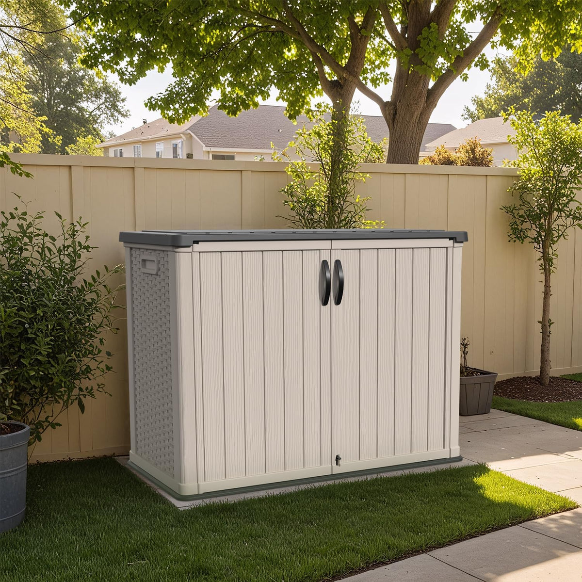 Patiowell 26 cu.ft Plastic Outdoor Storage Shed, Lockable Waterproof Resin Outdoor Storage Cabinet Tool Shed for Garden Tools, Garbage Cans, Pool Supplies, Beige(Not Include Shelves)