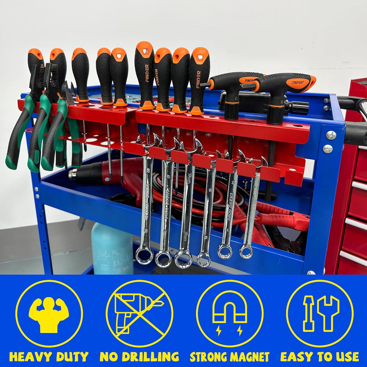 ULIBERMAGNET Magnetic Screwdriver Holder,Magnetic Wrench Holder,Heavy Duty Red Metal Hand Tool Storage Organizer,Set of 2 Magnetic Mount Tool Holder for Garage,Workbench,Tool Cart,PegBoard