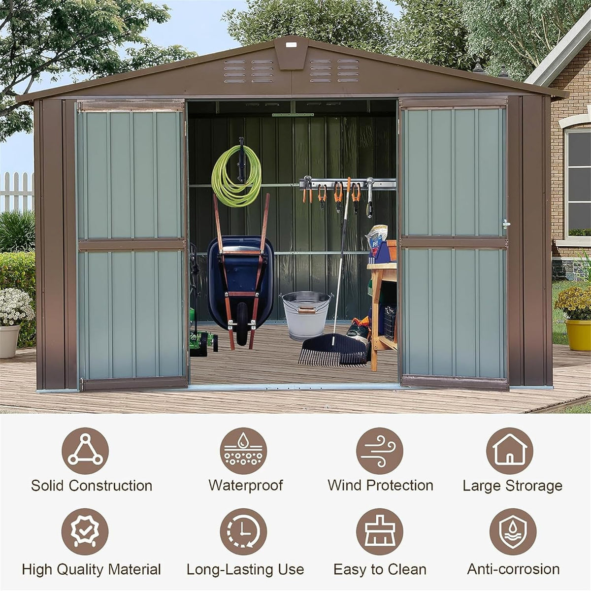 IKERY Metal Storage Shed - 10' x 8' with Double Lockable Doors, Large Garden and Backyard Tool Shed for Bikes, Weather - Resistant, Brown