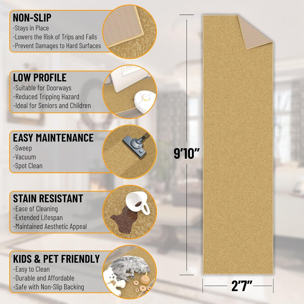 Ottomanson Hallway Runner Rug 2'7" x 9'10" Non Slip Solid Area Rugs Easy to Clean Laundry Rug Runner Durable & Pet Friendly Floor Carpet Runners for Hallways Entryway Living Room Kitchen, Beige