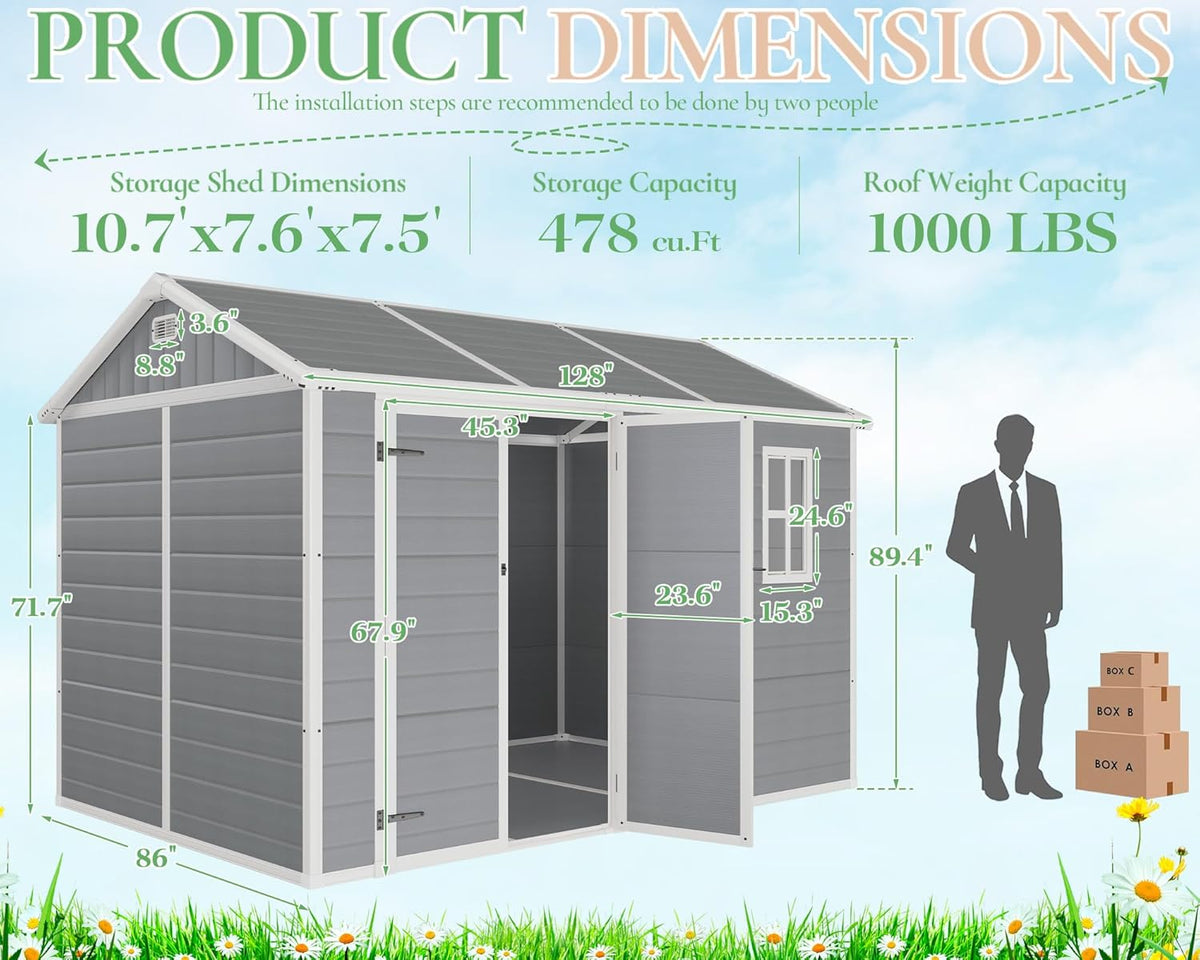 10.5x7.6x7.5 ft Outdoor Resin Storage Shed with Floor, Windows & Air Vents, Large Waterproof Tool Shed for Garden, Backyard, Lawn Equipments & Bikes, Grey