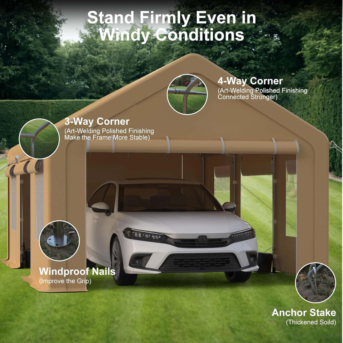 10x20FT Portable Garage, 10'x20' Carport Heavy Duty, Galvanized Frame & 180 g PE Waterproof Canopy, with 4 Doors (Included 2 Side Doors), and 4 Windows, for Pickup Truck, and Boat