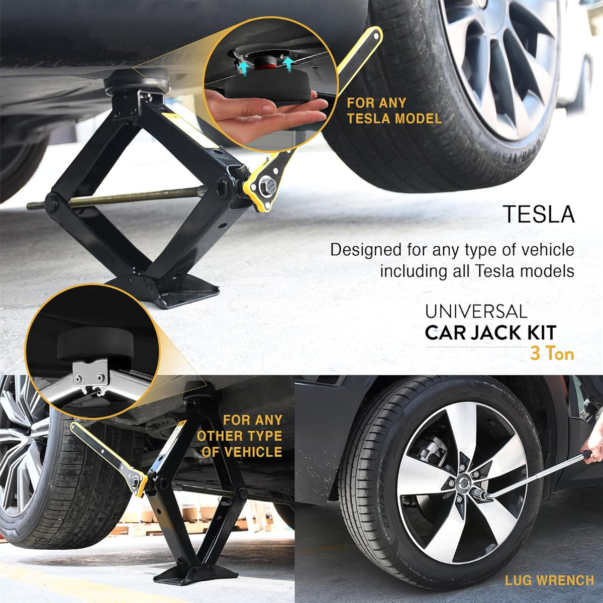 Car Jack Kit with Tesla Pad & Universal Rubber Pad | Scissor Jack for Car 3 Ton (6,600 lbs) - Tire Jack Tool Kit | Portable, Ideal for SUV and Auto - Universal Car Emergency Kit with Lug Wrench