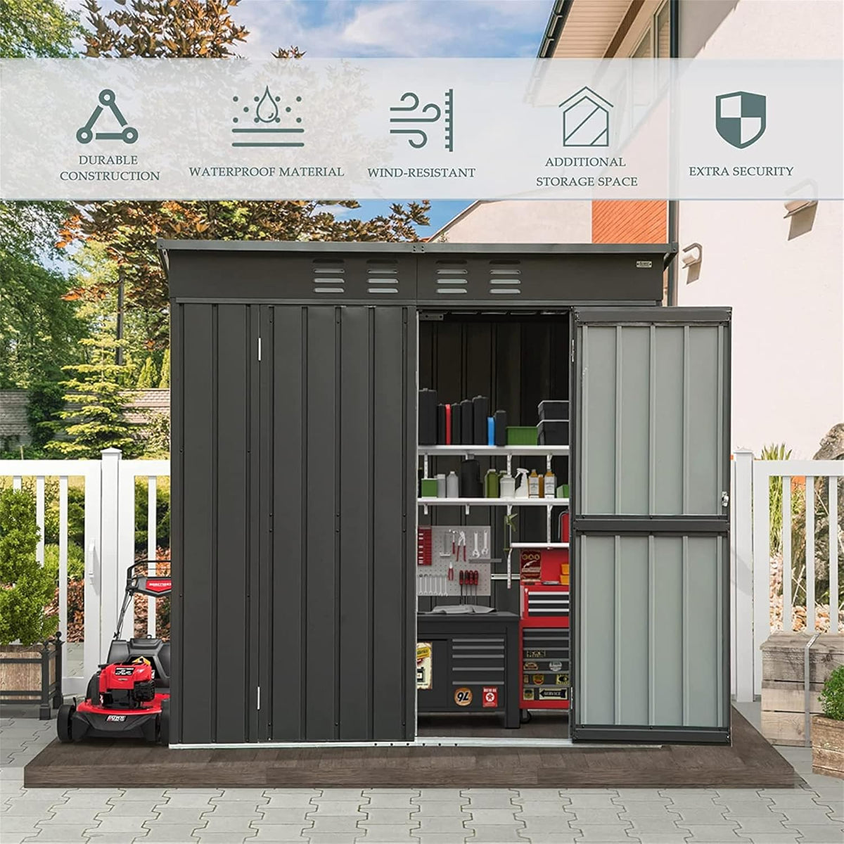 IKERY Galvanized Steel Garden Shed - 6' x 4' with Sloping Roof and Lockable Door, Metal Utility Storage Shed for Backyard Tools, Dark Gray