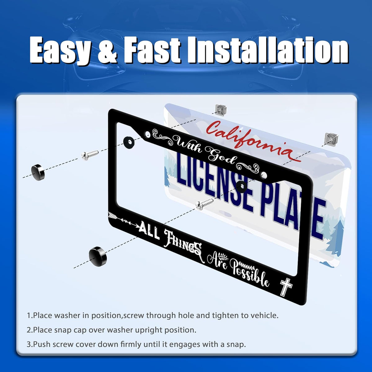 with God All Things are Possible License Plate Frame Christian License Plate Stainless Steel Funny License Plate Holder Men Women Personalize Jesus Cross Car Accessory Decoration 12.3" x 6.3"