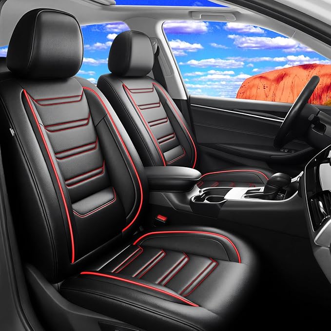 Fit Sonic Car Seat Covers for Select Chevrolet/Chevy Sonic 2012-2020 - Premium Full Coverage Leather, Airbag Compatible, Waterproof & All Weather Seat Cushion Protector, Full Set, Red Trim