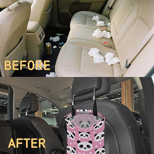 Cute Panda Car Trash Bag, Strap Drawstring Car Garbage Bags,Car Back Seat Organizer with Adjustable Buckle for Car Accessories