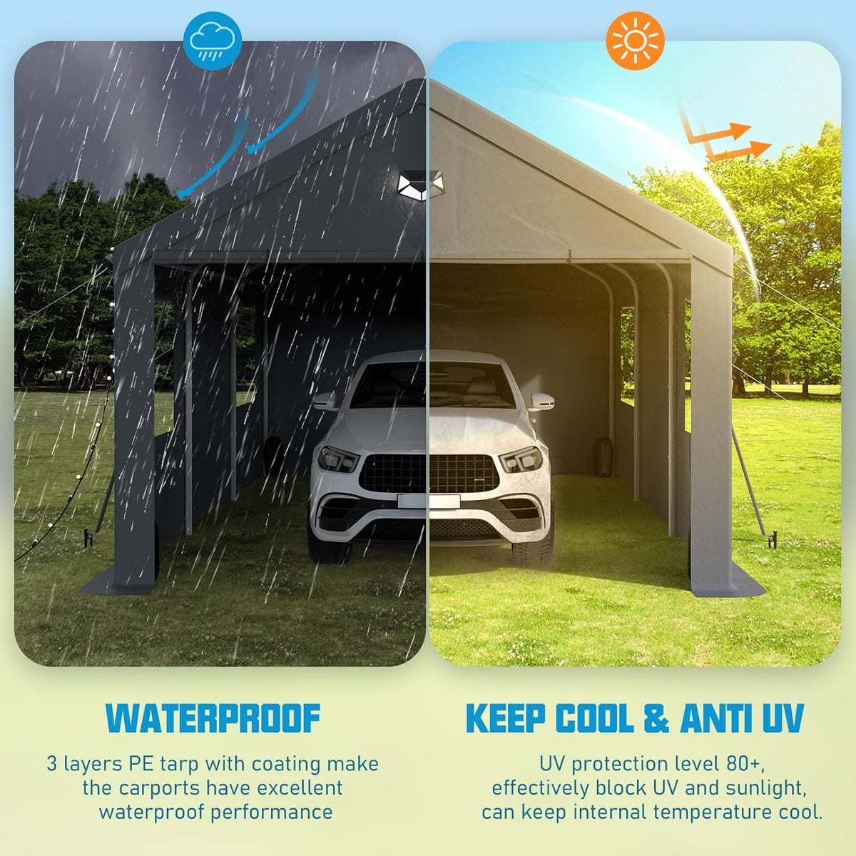 10x16 Carport Canopy, Heavy Duty Car Port, Portable Car Ports Garage with 2 Roll-Up Zipper Drive Through Doors, Grey