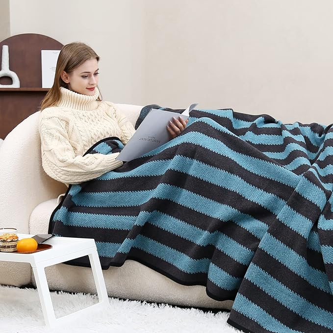 PuTian Merino Wool Blanket - 63" x 51" Thick Warm Soft Twin Bed Throw - Great for Camping, Outdoors, Travel, Car, Couch All Seasons Blue Stripe