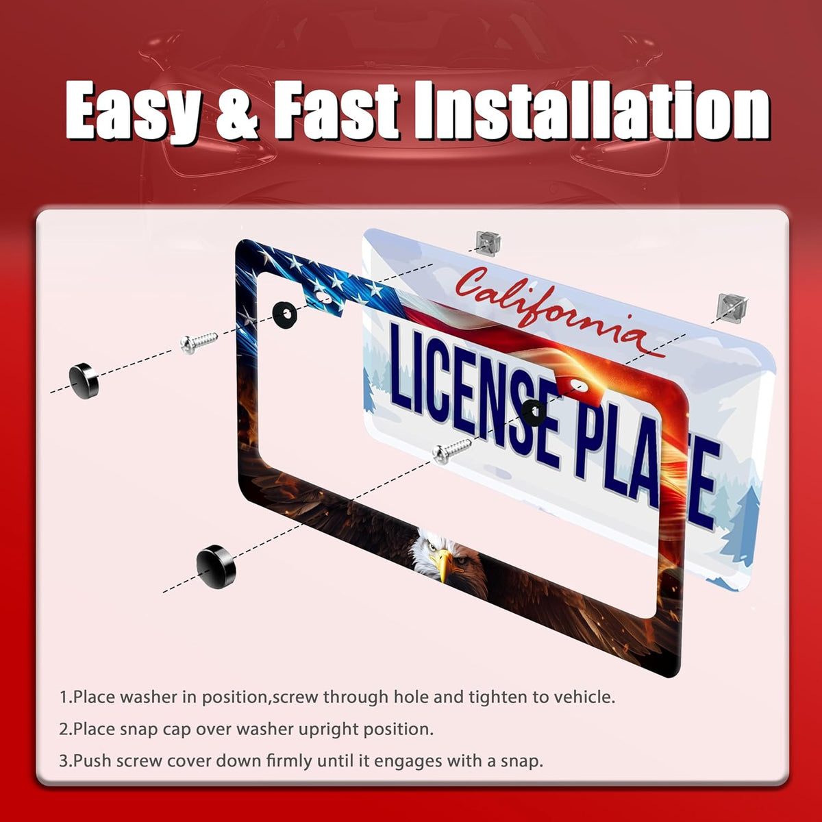 American Flag Bald Eagle License Plate Frame Patriotic License Plate Frames for Car Decorative Parts Stainless Stee License Plate for Standard Us Canada Funny License Plate Holder 12x6 Inch Unisex