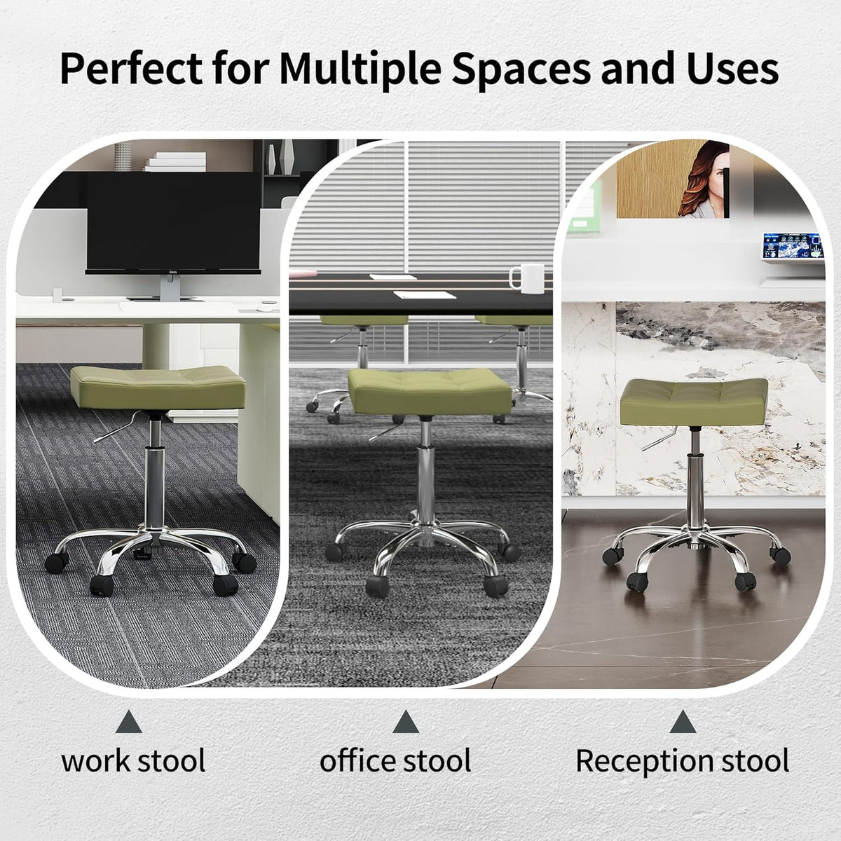 Adjustable Work Stool with Wheels (300lbs Capacity) (Saddle Shaped Seat) Faux Leather Workbench Stool (Green)