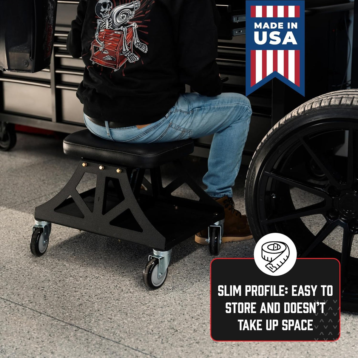 Vyper Low Pro Garage Stool with Removable Seat for Mechanics, Automotive, DIY - 400 lb Capacity Rolling Shop Chair (Black Seat, Black Frame)