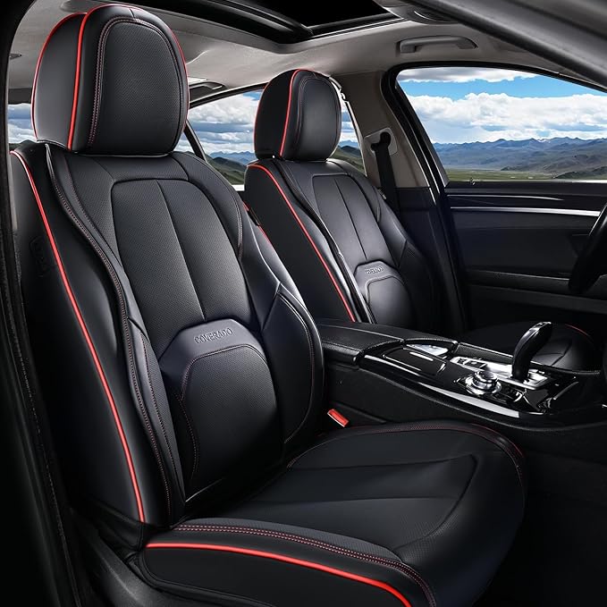 Coverado Seat Covers, Car Seat Covers Front Seats, Nappa Leather Seat Covers for Cars, Waterproof Car Seat Protector with Lumbar Support, Front Seat Covers Universal Fit for Most Cars (Black&Red)