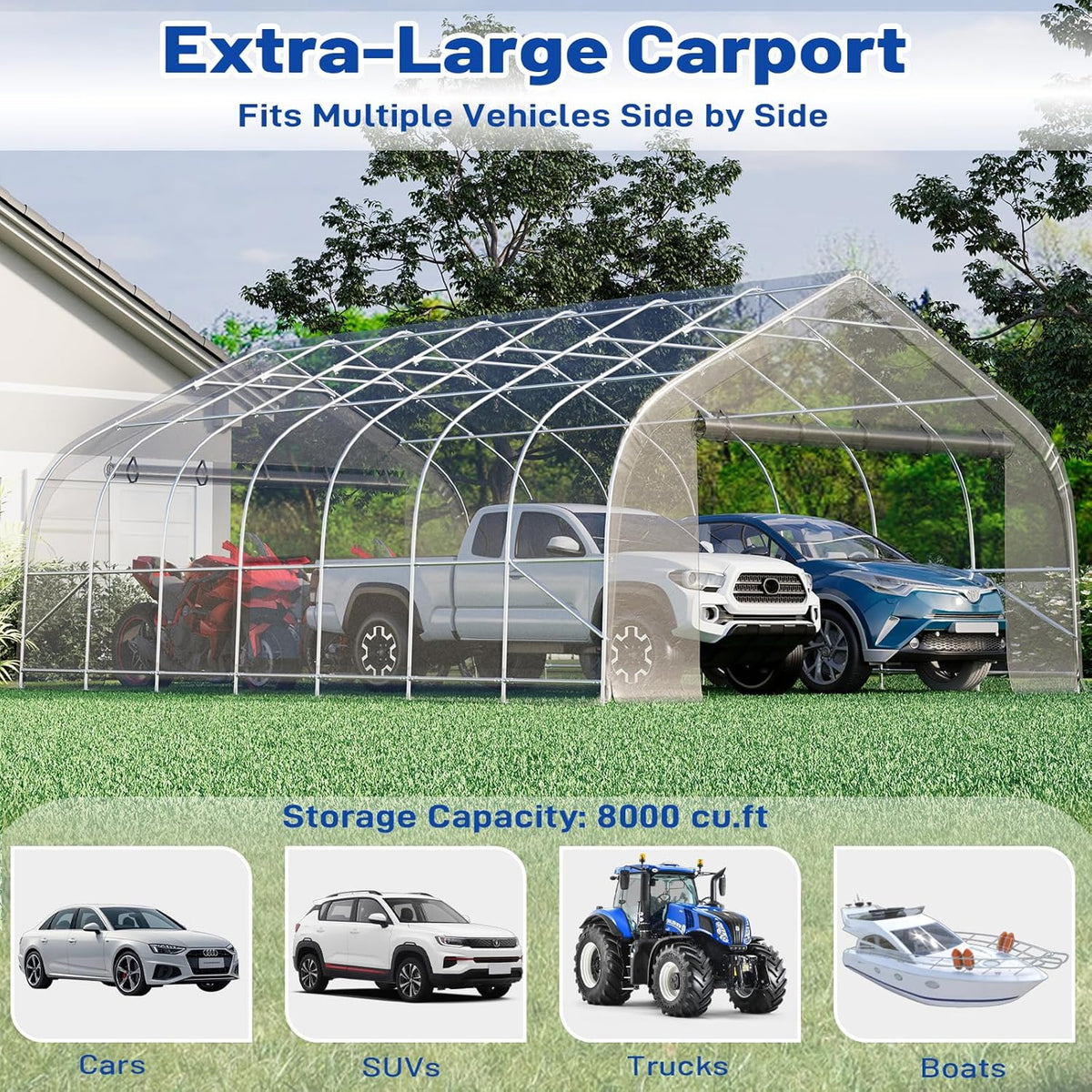 EROMMY 20x30 FT Heavy Duty Durable Carport, Galvanized Steel Frame Garage Shelter and Outdoor Storage, Waterproof 3-Layer PE Cover, Fits 2 Cars, Boat, Farm Equipment, Silver Gray