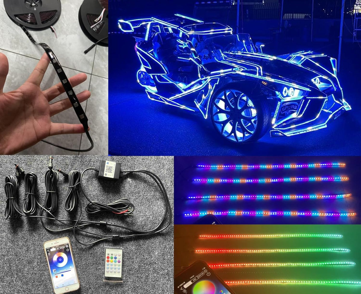 Black Out Full Tinted Smoked Addressale LEDs x4PCS 1FT 30CM 12" RGB Dream Color Chasing IP65 Light Strips for Car Truck Slingshot Golf Cart Bluetooth + Remote Control