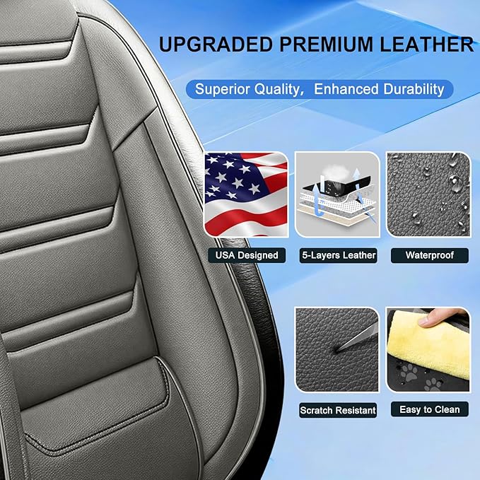 Fit Ridgeline Car Seat Covers for Select Honda Ridgeline 2007-2026 - Premium Full Coverage Leather, Airbag Compatible, Waterproof & All Weather Seat Cushion Protector, Full Set, Black+Gray