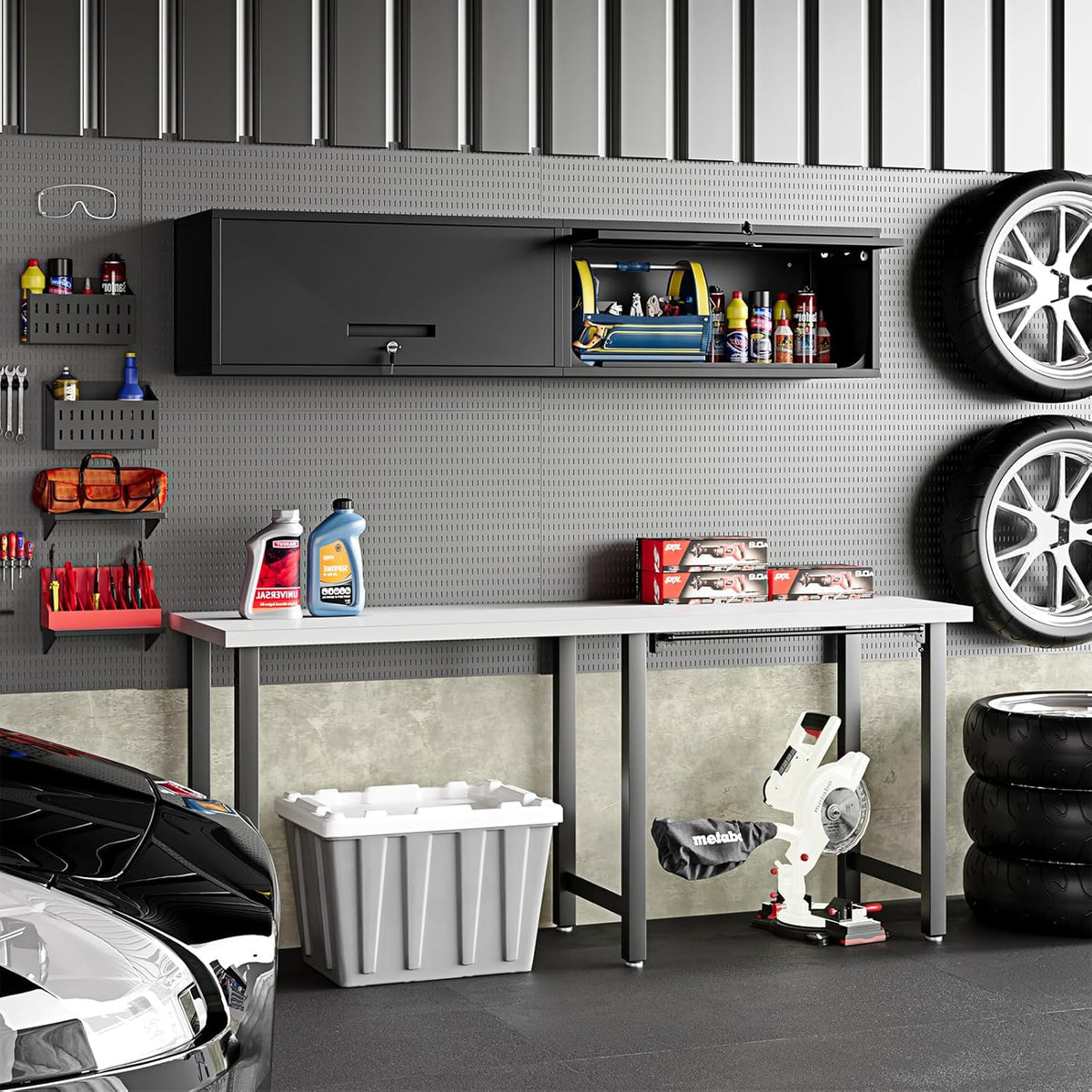 Small Wall-Mounted Locking Cabinet Metal Garage Storage Cabinet Hanging Medicine Lockable Steel Utility Floating Tool 14" H Assembly Required Black