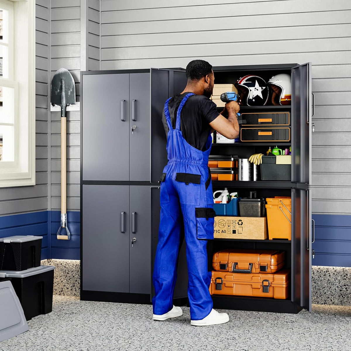Yizosh Metal Storage Locking Cabinet with 4 Doors and 2 Adjustable Shelves,71" Lockable Garage Tall Steel Cabinet,for Home Office,Living Room,Pantry,Gym,Commercial Storage (Gray Black)
