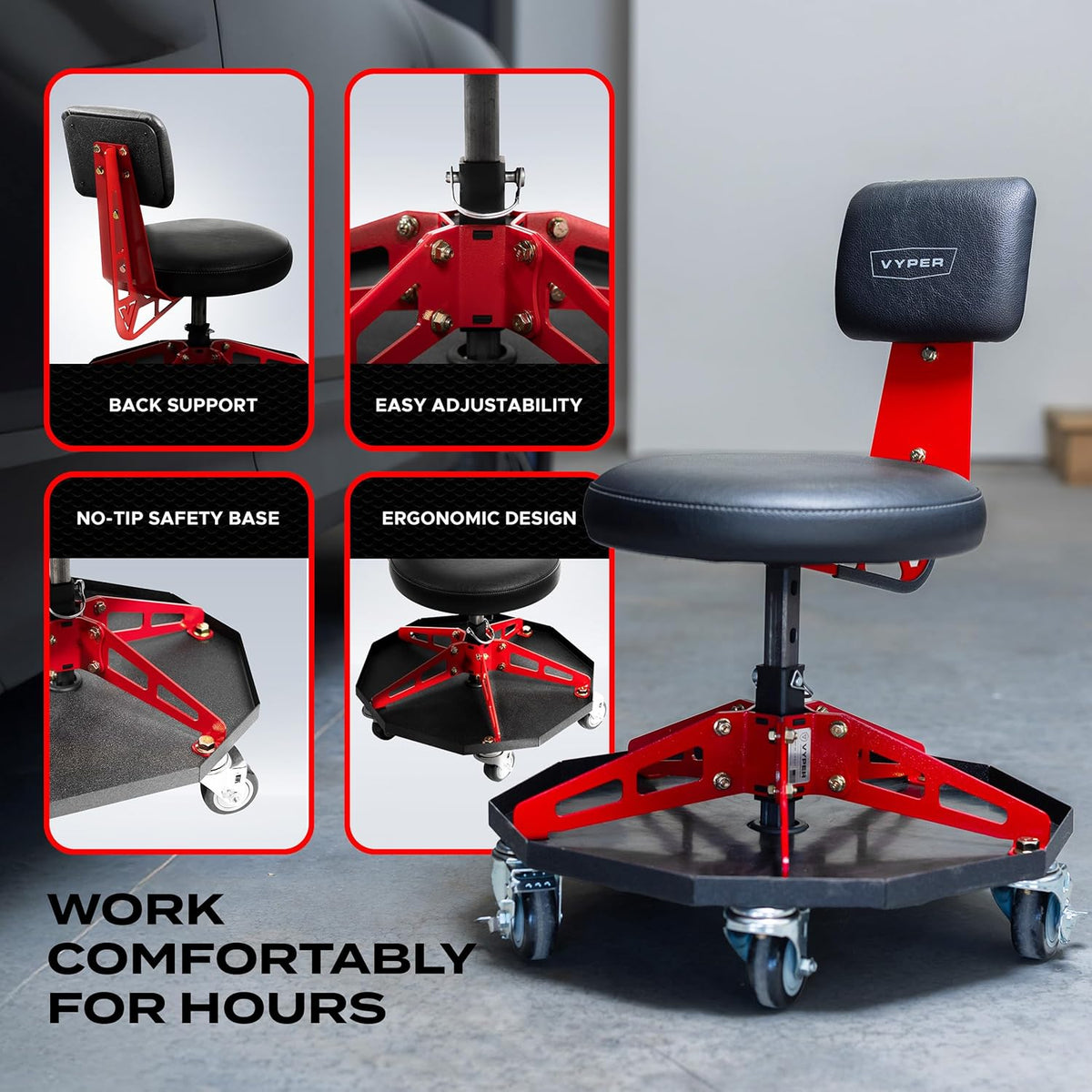 Vyper Robust Steel Sport Shop Chair for Mechanics, Automotive, DIY - 300 lb Capacity Garage Stool with Backrest & Large Wheels (Black Seat, Red Frame)