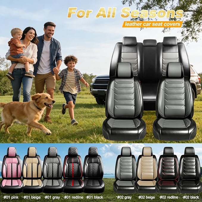 Fit Ridgeline Car Seat Covers for Select Honda Ridgeline 2007-2026 - Premium Full Coverage Leather, Airbag Compatible, Waterproof & All Weather Seat Cushion Protector, Full Set, Black+Gray