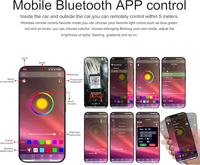 4 Meters Optic Fiber Car Ambient Lighting with Bluetooth App Control 64 Colors Multicoloured Music Interior Lighting Kit DC 12V 1W