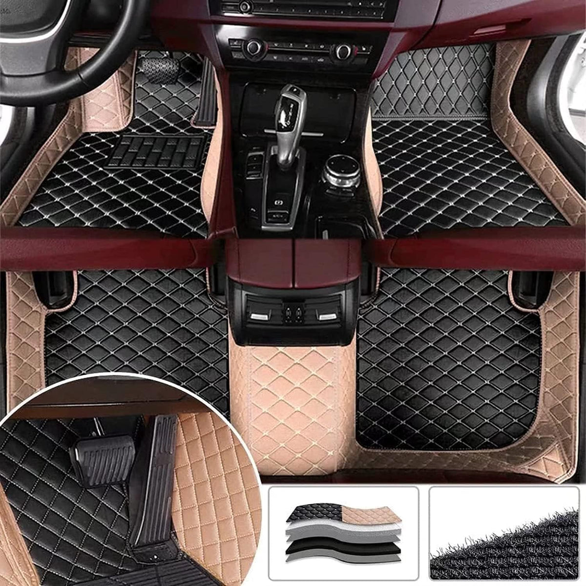 Custom All-Weather Protection Luxury Leather Floor Mats for Cars SUVs Trucks According Anti-Slip Leather Floor mats ﻿ (23,Beige and Black Beige)