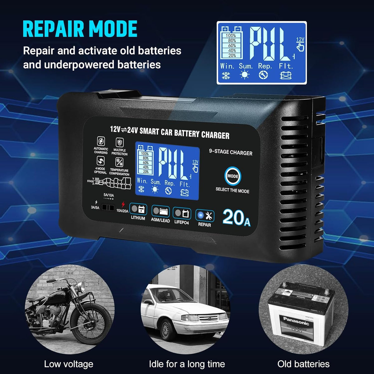 Battery Charger 0-20A 12V/24V Lithium LiFePO4 Lead Acid Fully Automatic Maintainer, Smart Car Battery Charger,Trickle Charger w/Pulse Repair for Trucks,Boats,Motorcycles,Deep Cycle Batteries ﻿