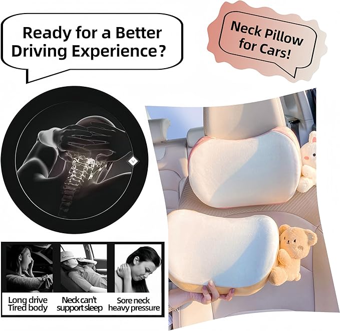 Car Headrest Pillow 2PCS Bear or Bunny Car Seat Neck Pillow Car Decor Memory Foam Neck Support Cushions for Comfortable Driving, Easy Install & Washable (Pink)