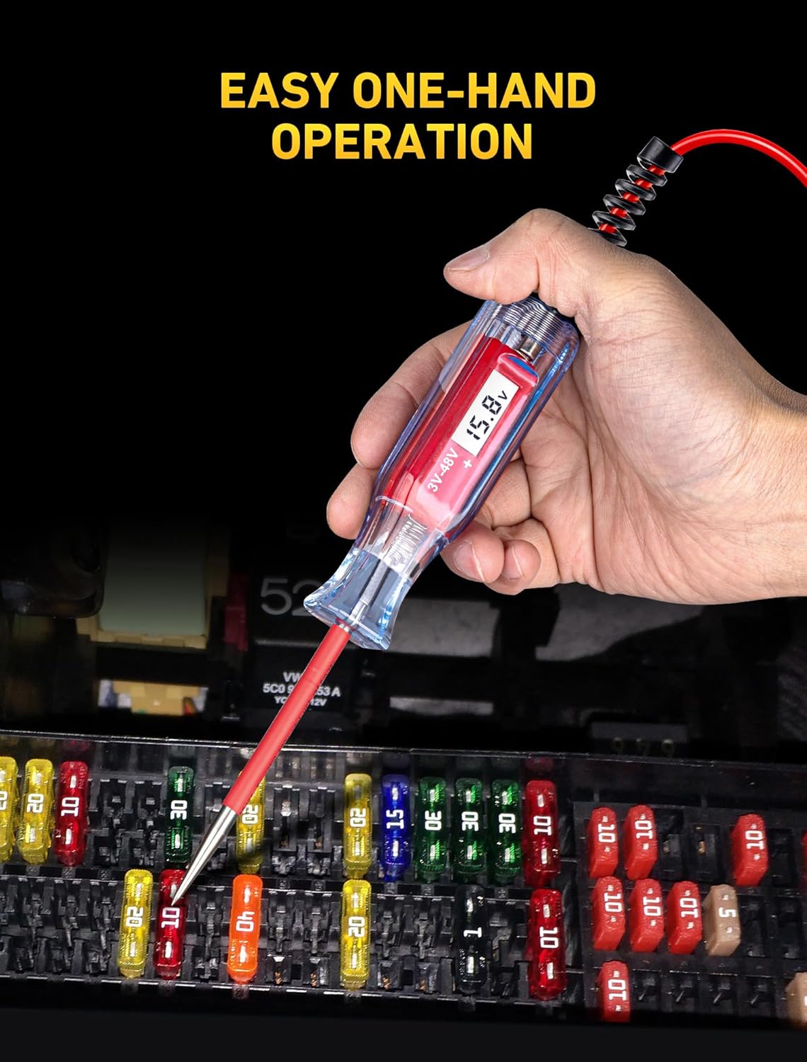Heavy Duty 3-48V Automotive Circuit Tester with Backlit Digital LCD Voltage Display, DC Test Light with 140 Inch Extended Spring Wire, Car Truck Battery Tester with Stainless Probe
