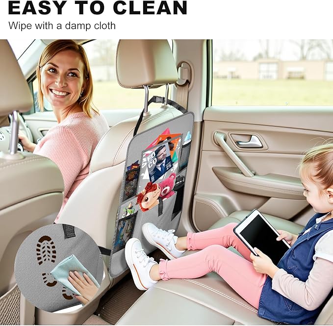 Car Backseat Organizer with Tablet Holder, 6 Storage Pockets Seat Back Protectors Kick Mats for Kids, Car Seat Protector for Road Trips 2 Pack (Grey)