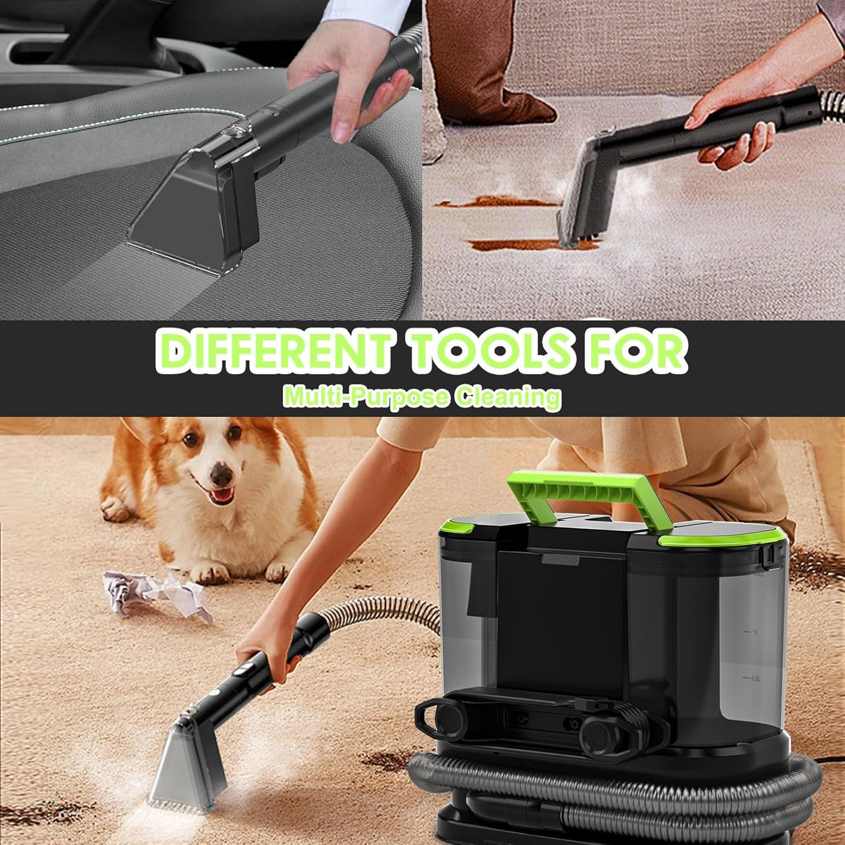 Portable Carpet & Upholstery Cleaner, Deep Cleaning for Rugs, Couch, Curtain, Car Interiors Stains, Pet & Family Friendly, 21 Kpa suction with 800W high-performance motor, 120V (Green)