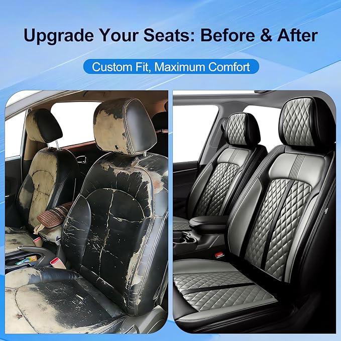 Fit Bolt Car Seat Covers for Select Chevrolet Bolt/Bolt EUV 2017-2025, Premium Full Coverage Leather, Airbag Compatible, Waterproof All Weather Seat Cushion Protector, Front Pair Black+Gray