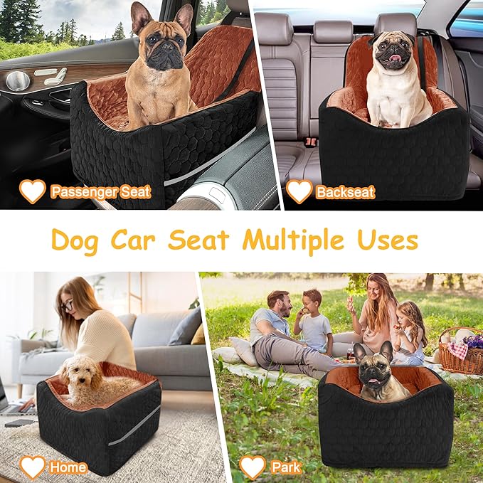 Dog Car Seat for Small/Medium Dogs, Memory Foam Dog Booster Seat, Travel Safety Per Car Seat with Washable Removable Cover, Storage Pockets for Dogs up to 35 lbs (Black/Red Brown, Small)