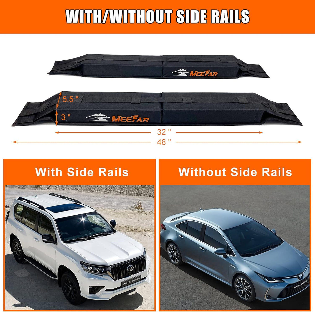 MeeFar Universal Car Soft Roof Rack Pads Luggage Carrier System for Kayak Surfboard SUP Canoe Include 2 Heavy Duty Tie Down Straps, 4 Tie Down Rope, 4 Quick Loop Strap and Storage Bag