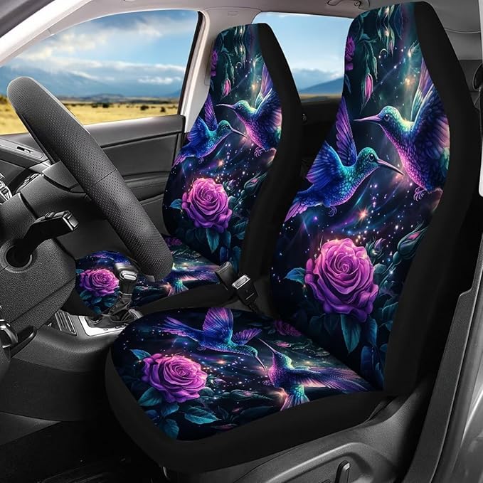 KEIAHUAN Purple Rose Hummingbird Car Seat Covers Full Set Car Front/Rear Seat Cover Universal Size Fit for Truck SUV Sedan Van for Women