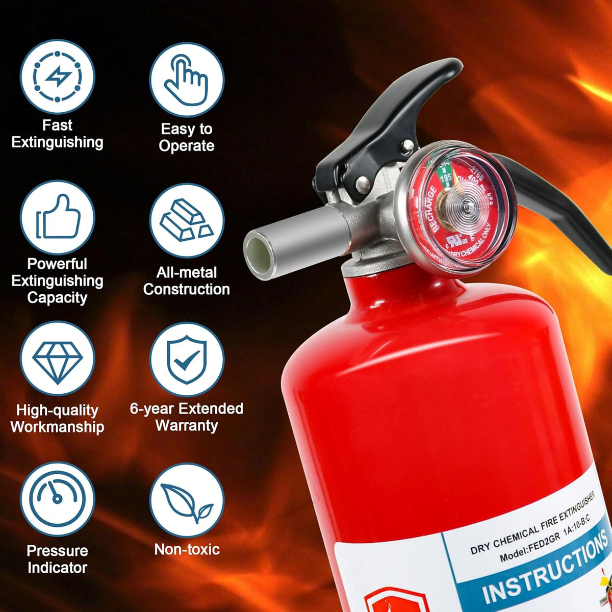 2 Pack Dry Chemical Fire Extinguishers 2.5 lb ABC, Home, Car, Boat Use, 1A:10B:C Rating, Quick Release Handle, Easy to store and Carry Dry Powder Extinguisher