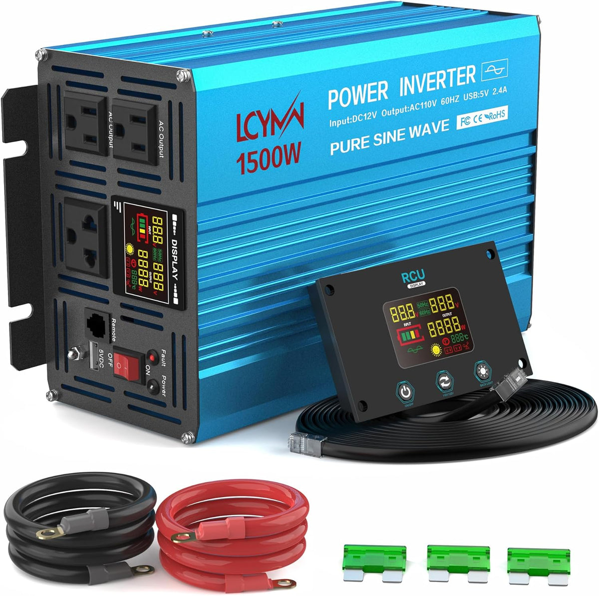 1500 Watt Inverter Pure Sine Wave DC 12V to 110V AC Power Inverters with 2 AC Charger Outlets, Car Inverter Solar Power Inverters for Vehicles Home with LCD Display and 2.4A USB Charging Ports
