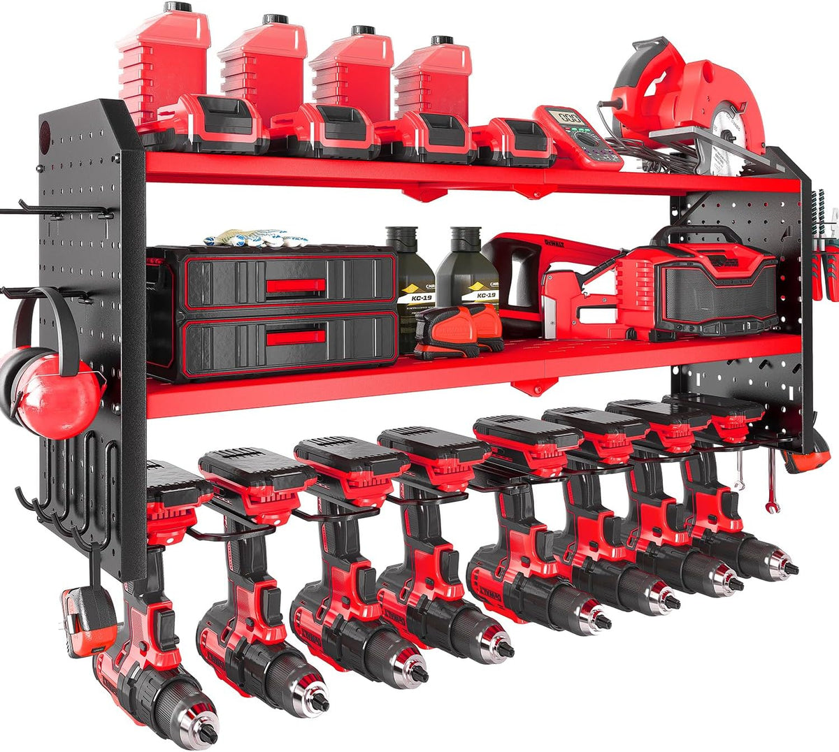 KAFAHOM Power Tool Organizer, Large 8 Drill Holder Wall Mount with 2 Side Pegboards, Heavy Duty Metal Tool Shelf with 12 Hooks, Storage Rack for Garage Organization, Utility Battery Shelves - Red