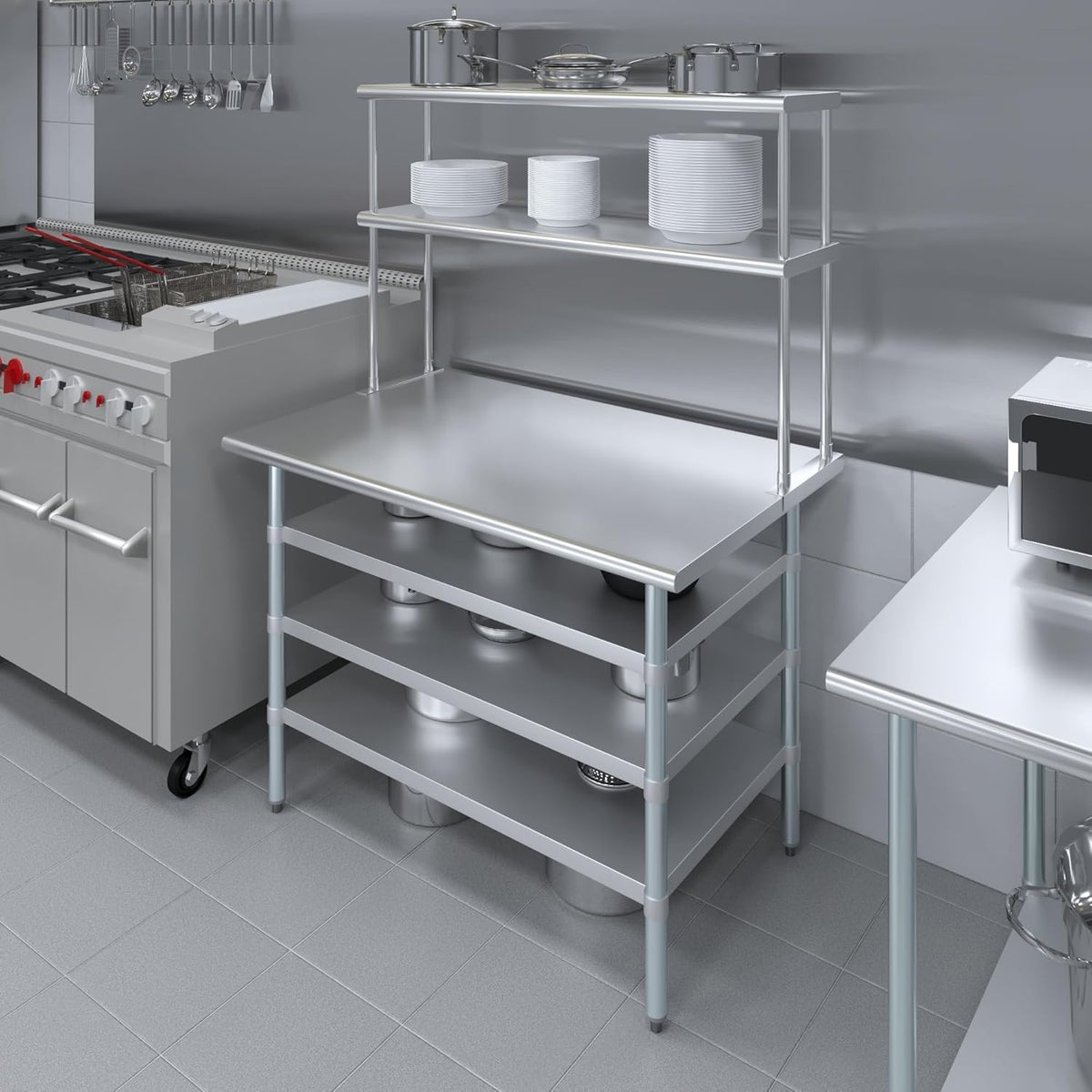 Amgood 30" x 48" Stainless Steel Work Table with 3 Shelves and 12" Wide Double Tier Overshelf | Metal Kitchen Prep Table & Shelving Combo | NSF