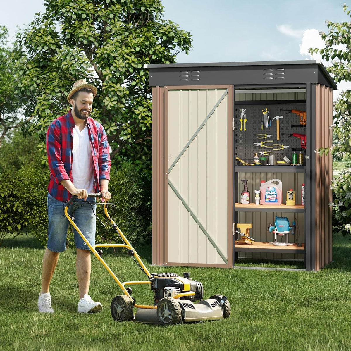 Bealife Outdoor Storage Shed Clearance, Metal Outdoor Storage Cabinet, Waterproof Tool Shed, Lockable Backyard Sheds for Garden, Patio and Lawn (Brown, 5' x 3')