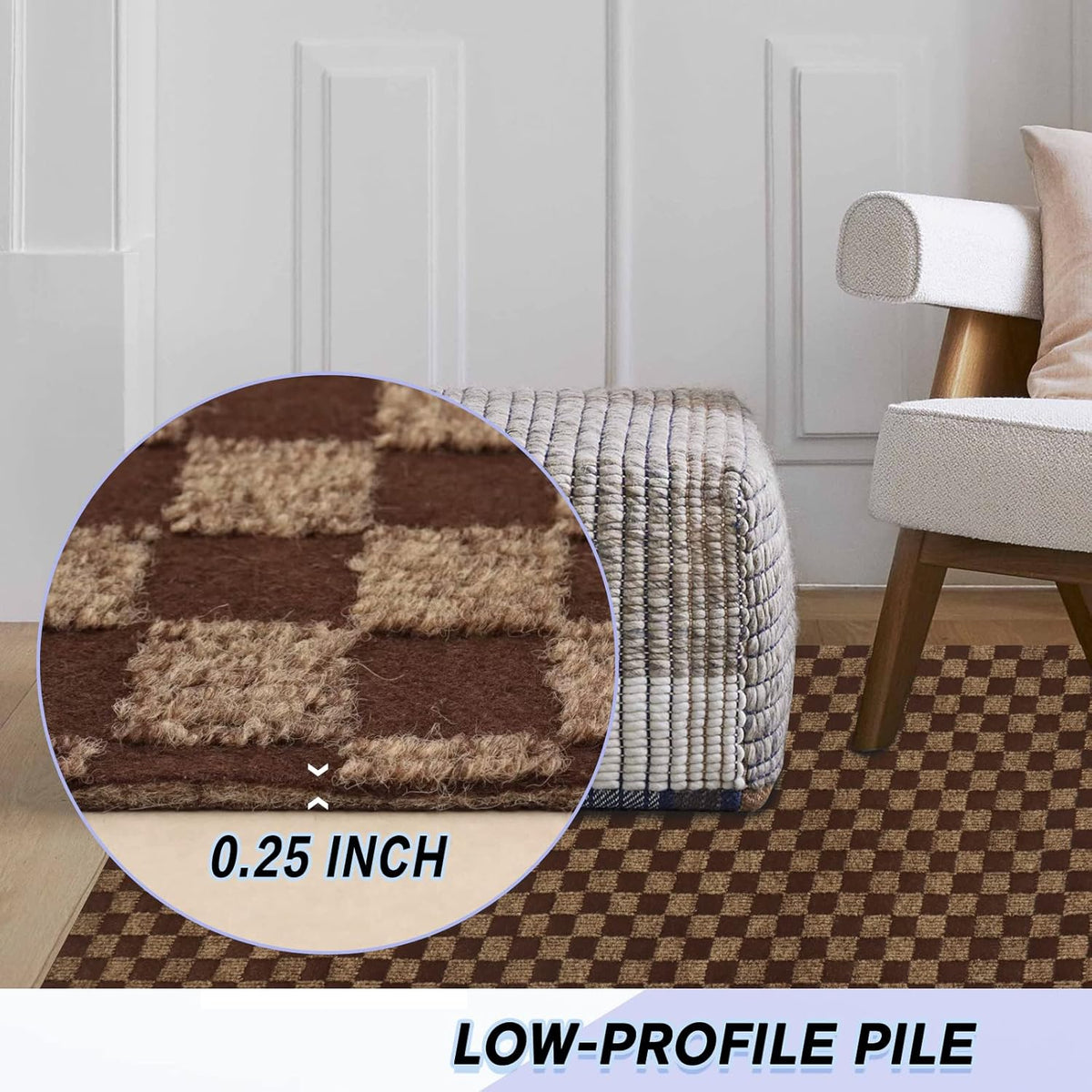 Custom Size Backed Non-Slip Area Rugs Runner, Easy Clean, Waterproof Runner Rugs for Hallway Entryway, Kitchen, Laundry, 2FT x 40FT, Brown Checkered