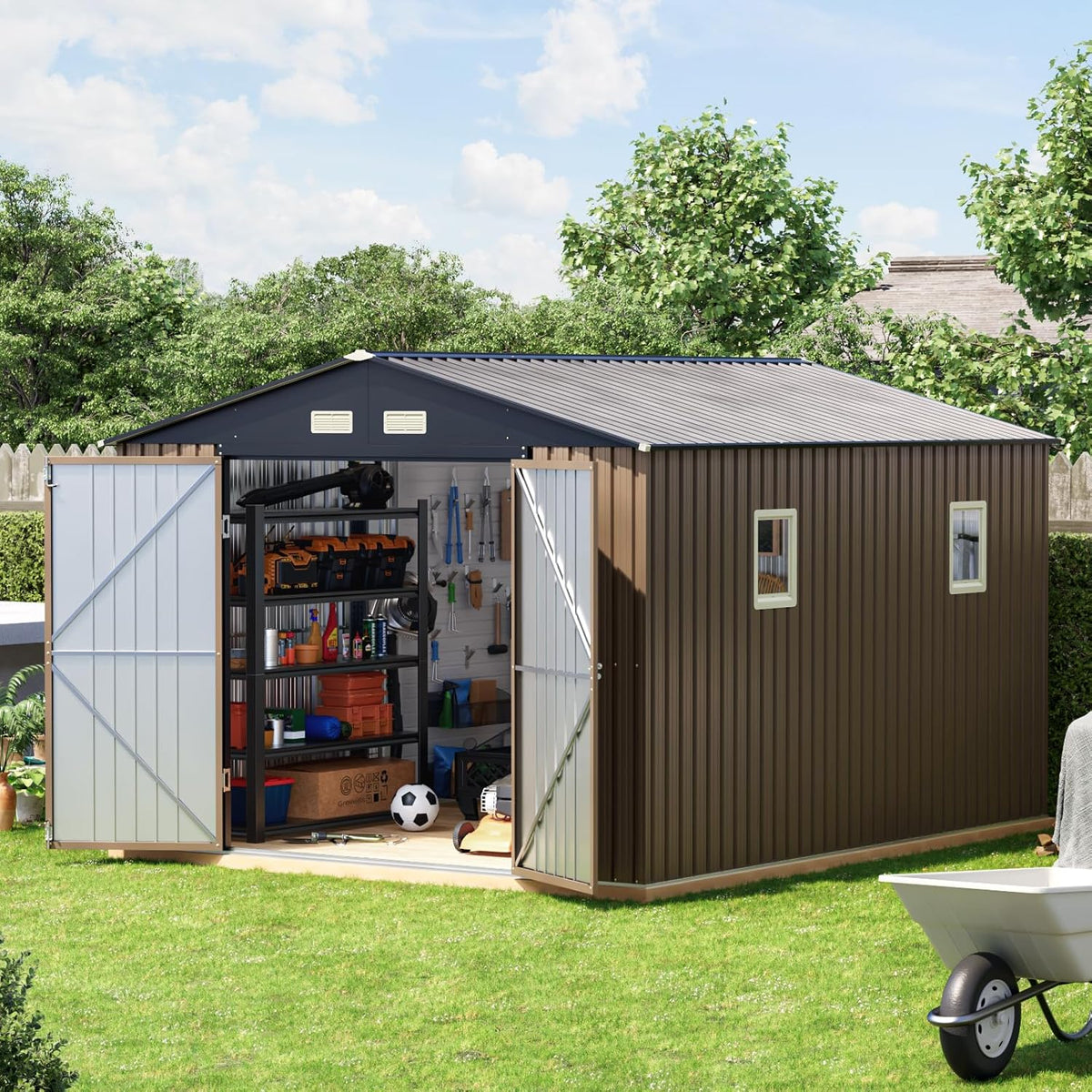 10x10 FT Outdoor Metal Storage Shed with Floor Frame, Double Swing Doors, 2 Clear Windows,Tool Shed for Garden, Patio, Backyard Brown