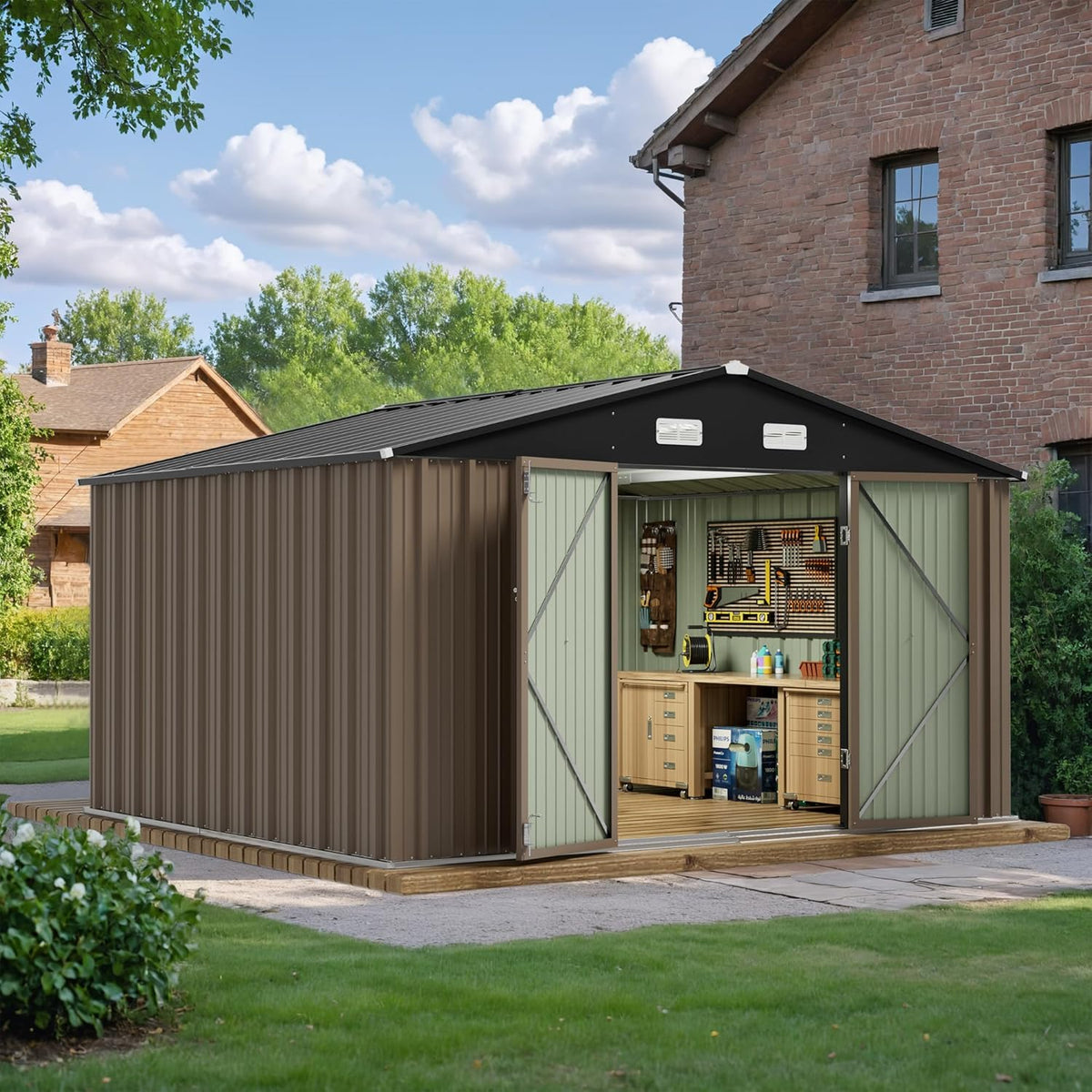 JUMMICO 8 x 10 FT Outdoor Storage Shed, Large Metal Garden Shed & Tool Sheds for Backyard Garden Patio Lawn (Brown)